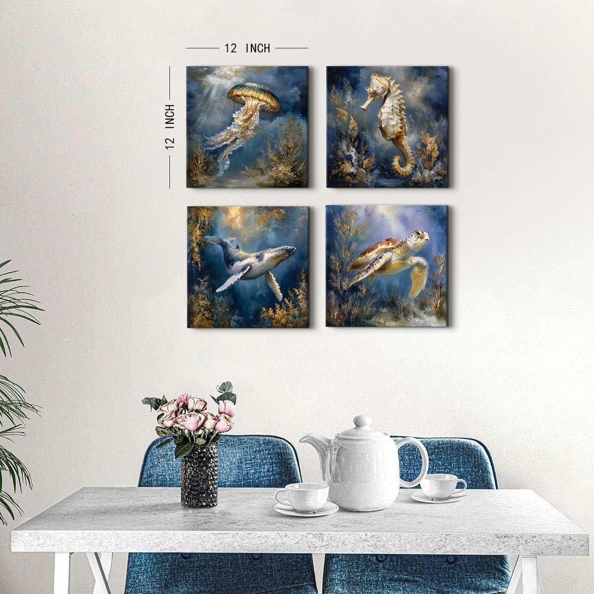Ocean Animals Wall Art Sea Turtle Whale Seahorse Jellyfish Pictures Beach Coastal Room Decor Nautical Paintings Canvas Prints for Bathroom Under Sea World Posters Artwork Decoration 12x12” 4Pcs (12"L x 12"W / MarineLife)