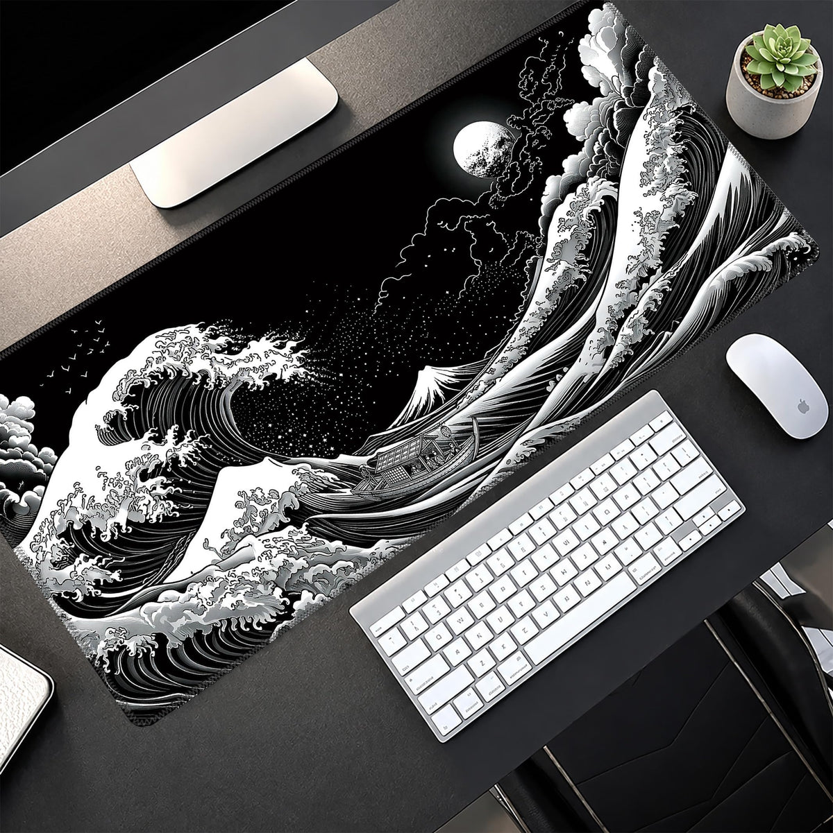 Black White Japanese Large Gaming Mouse Pad Desk Mat Extended Mousepad (Black and white waves / 35.4"x15.7")