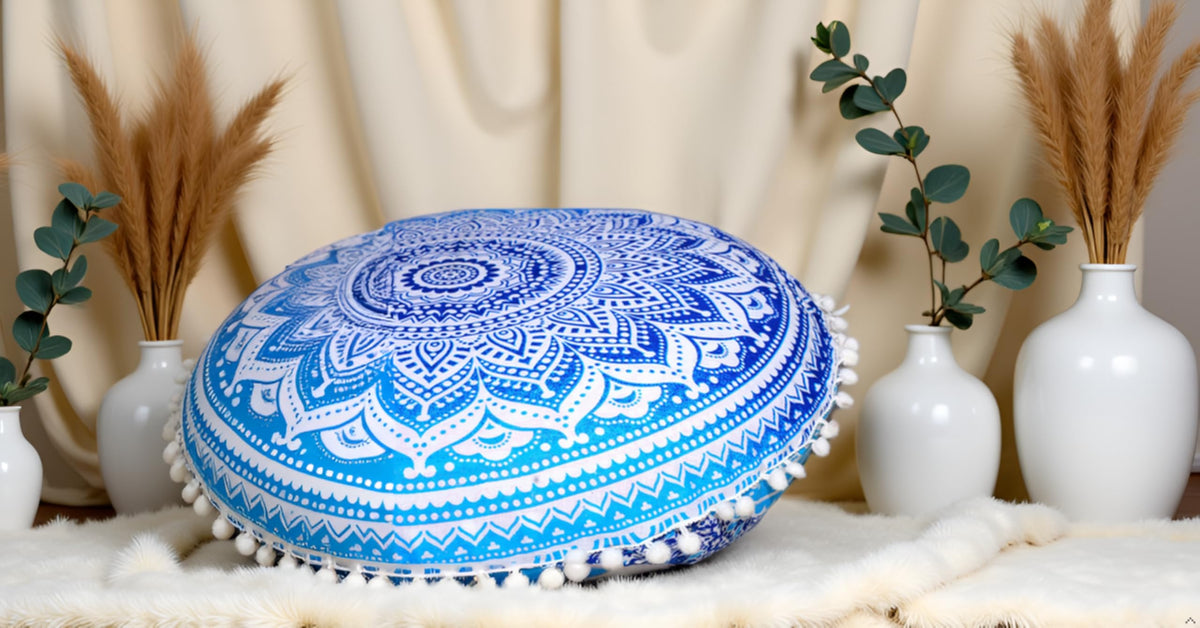 Round Mandala Boho Pillow Cover Meditation India Room Seating Poufs Cover for Living Room Yoga Room Home Décor Bedroom Balcony Garden Decoration Cotton Floor Cushion Cover (32" / Blue Ombre)