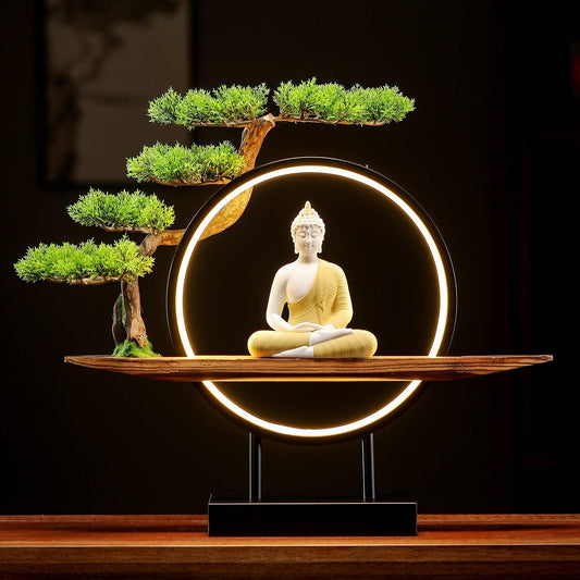 Buddha Statue Indoor with LED Circle Light and Green Artificial Tree (Yellow)