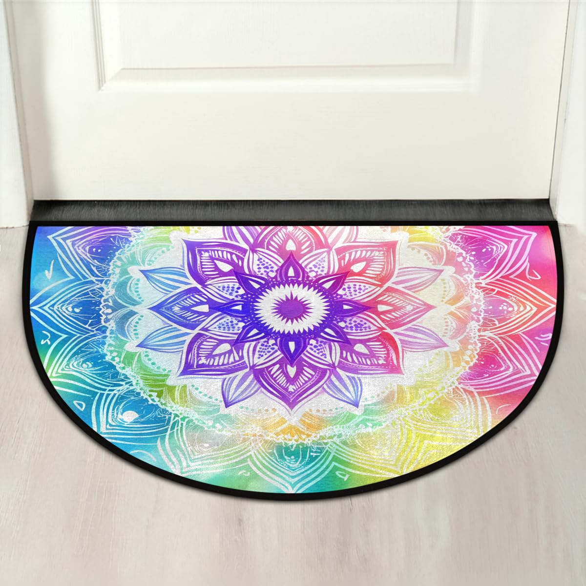 Rainbow Mandala Floral Half Round Door Mat Indoor Entrance Low Pile Non Slip Absorbent Semi Circle Welcome Mats Doormats 36x24 in Floor Mats for Home Kitchen (Rainbow Colored Mandala Floral)