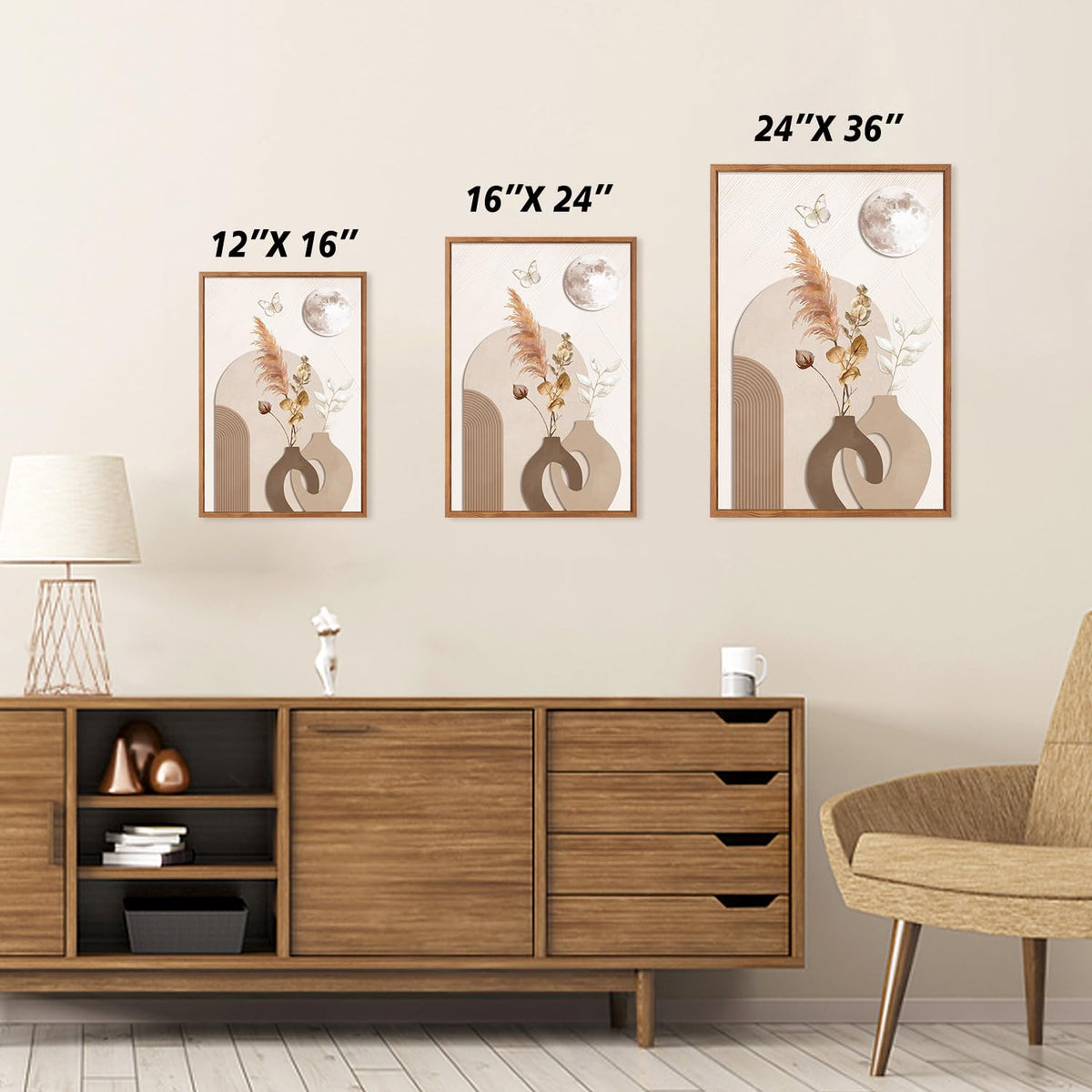 Boho Neutral Framed Wall Art Beige Minimalist Line Art Woman Artwork (Beige / 24"L x 36"W)