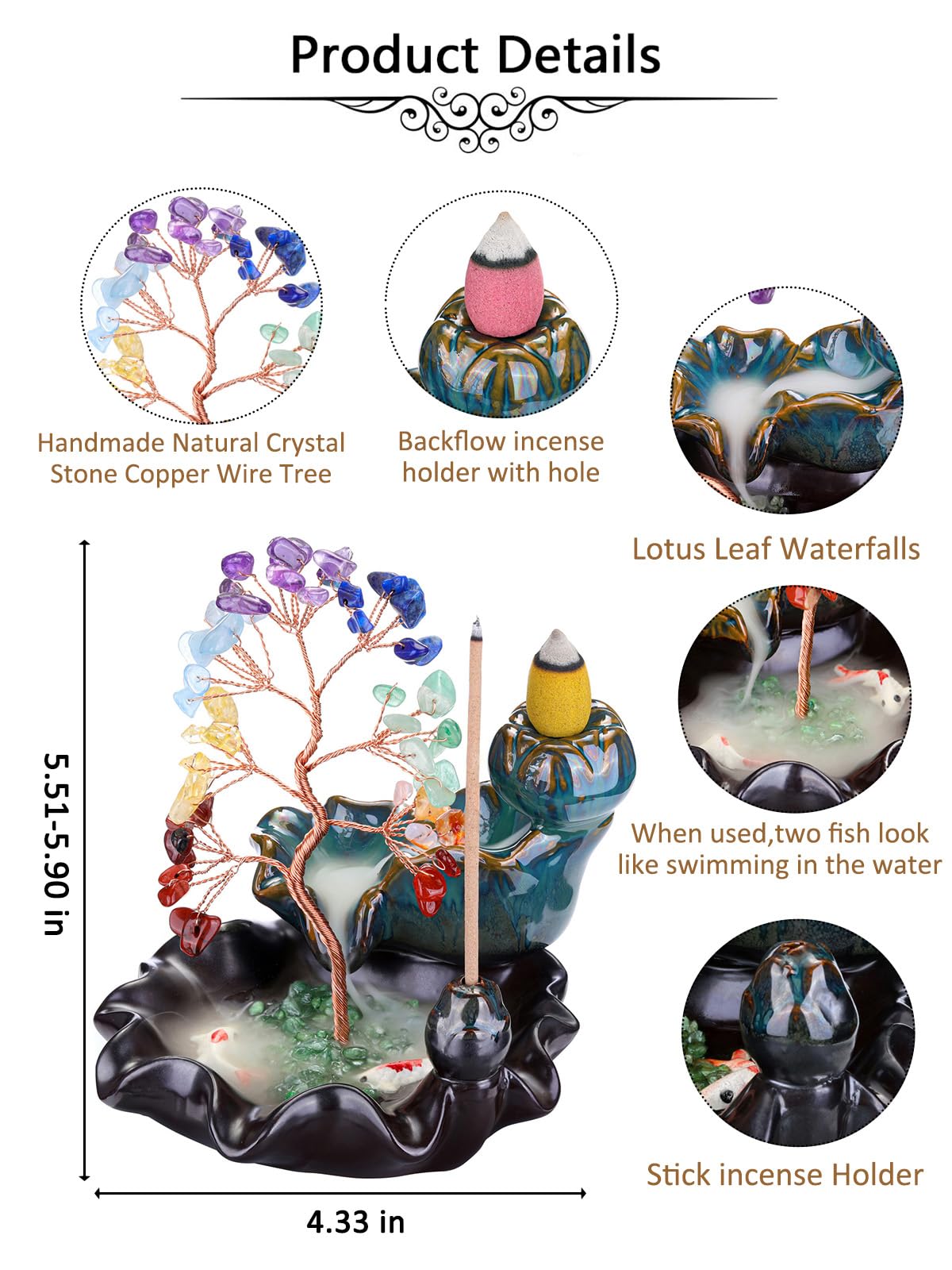 Backflow Incense Burner Ceramic Incense Waterfall (7 Chakra)