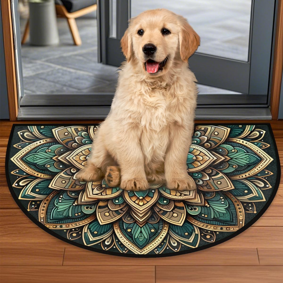 Mandala Ethnic Flower Half Round Door Mat Half Moon Rug Washable Half Circle Area Rugs Indoor Entrance Non Slip Semi Circle Bathroom Rugs Floor Carpet for Kithen Bedroom Fireplace Decor (Color 11)
