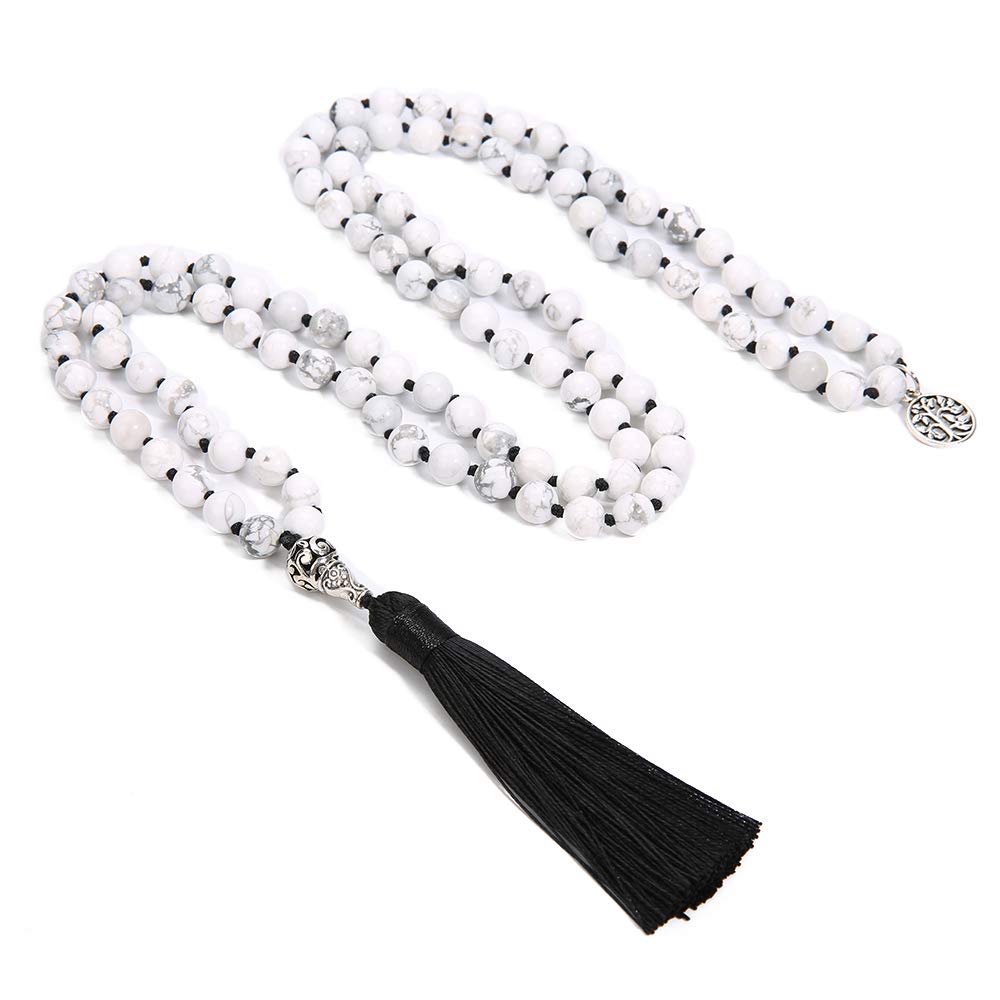 108 Mala Beads Semi (Natural White Howlite（Black Tassel）)