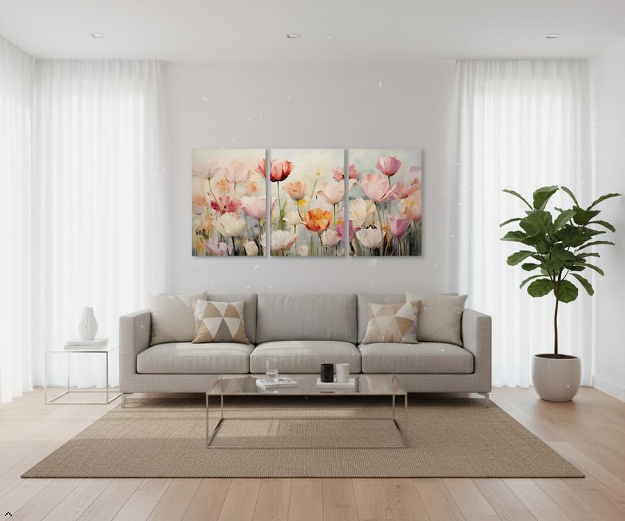 3 Piece Pink Tulip Canvas Wall Art Triptych (hua / 24"L x 16"W)