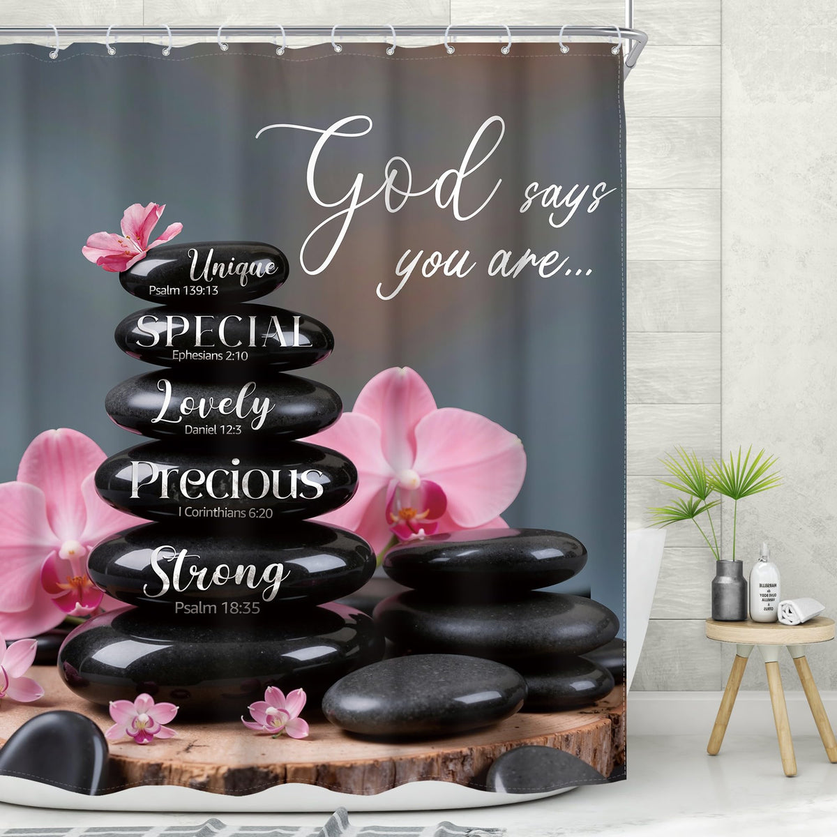 Zen Black Pink Shower Curtain 60Wx72H Scripture Flower Spa Relaxing Meditation Massage Quotes Stone Bible Verse Bath Curtain Fabric Bathroom Accessories Decor with 12 Hooks (D1-black / 60"W x 72"L (Pack of 1))