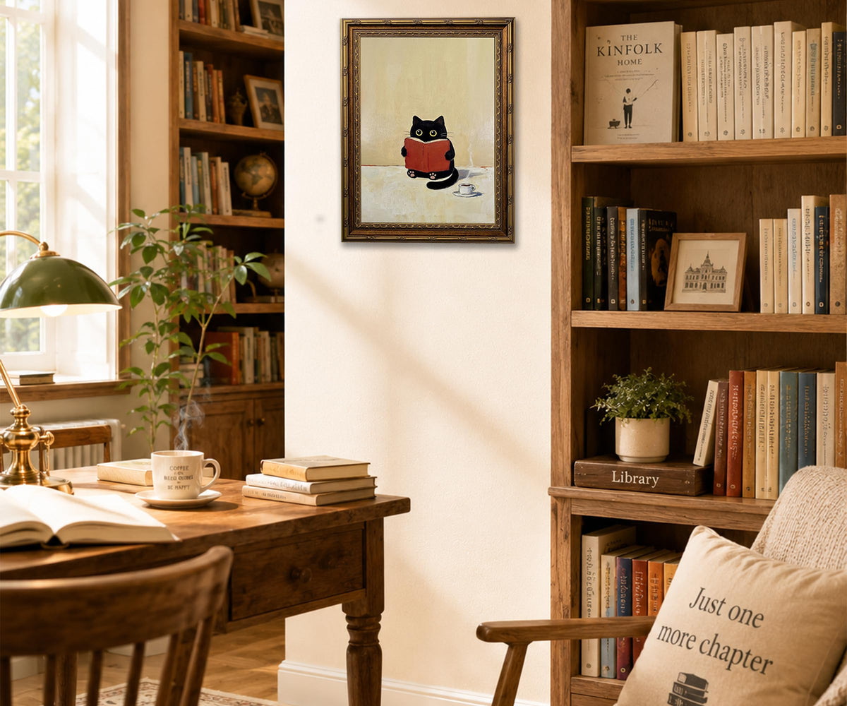 Vintage Gold Framed Cute Black Cat Canvas Wall Art (Antique Gold, Black, Red, Beige / 12"L x 16"W)