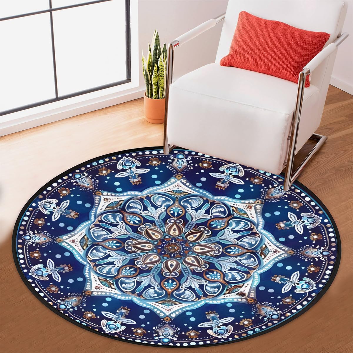 3 Ft Blue Mandala Round Rug Circle Area Rugs Circular Door Mat for Indoor (A:a-8 / 3'3" (Round))