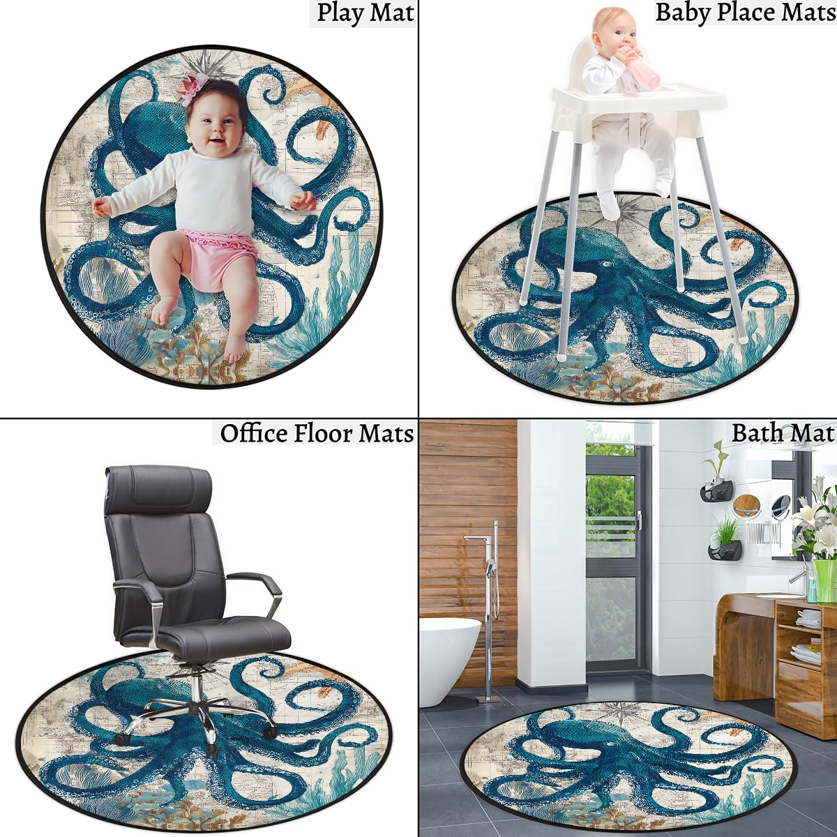 3 Ft Octopus Sea Round Rug Circle Area Rugs Circular Door Mat for Indoor (A:a-6 / 3'3" (Round))