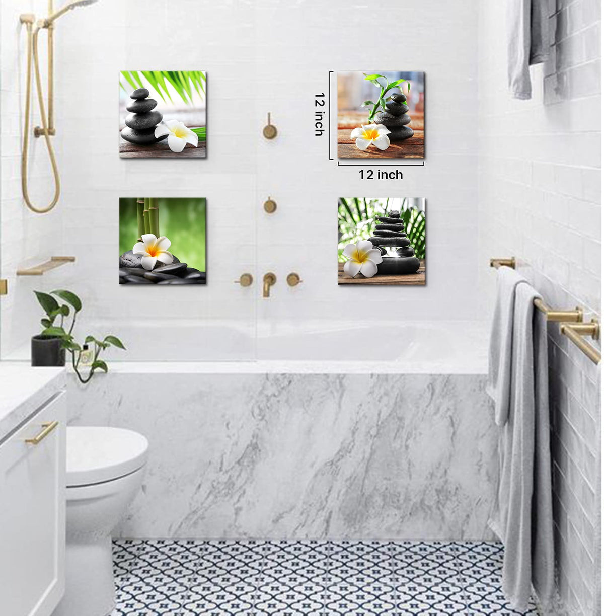 Zen Pictures Meditation Canvas Wall Art Spa Stone Green Room Decor White Frangipani Flower Poster Painting Zen Artwork for Bathroom Wall Décor Living Room Kitchen Decorations Framed Art (AzeJh3G / 12"x12"inches x 4 pcs)