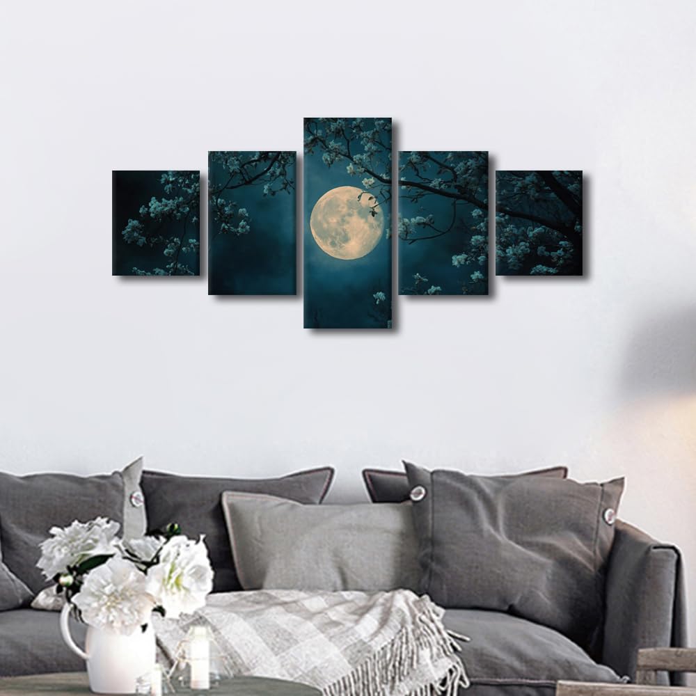 Canvas Wall Art Ethereal Moonlight Through Ancient Trees Five Panel Framed Painting Celestial Nightscape Decor Meditation Room Wall Art Spiritual Retreat Decor Ready To Hang 50"Wx24"H‌ (50''Wx24''H / Artwork-05)