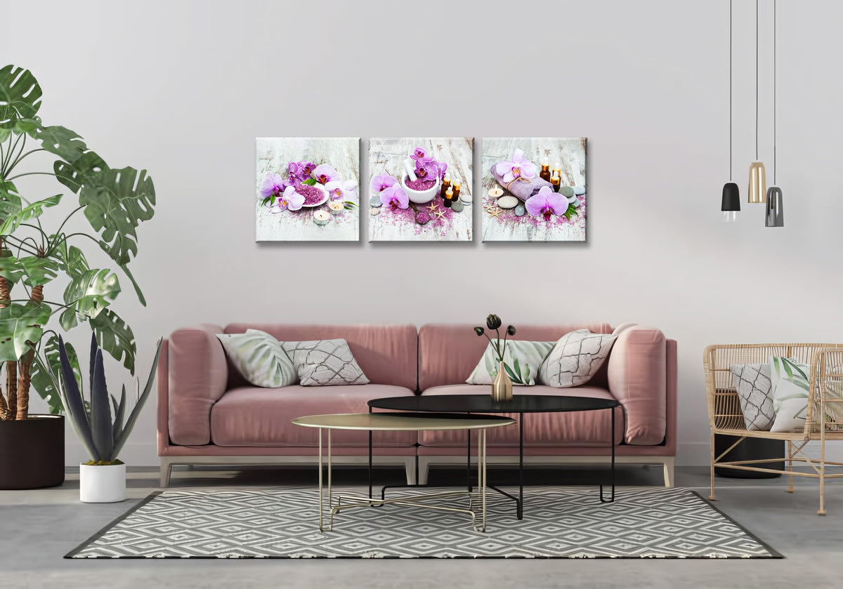 3Pcs Purple Zen Orchid Flowers Lavender Spa Canvas Prints Art Zen Floral Wall Art Aromatherapy Bath Salts Decor for Home Purple Ready to Hang Canvas Art for Relaxation Wellness Spaces (16X16inchX3pcs / Spa&Orchid)