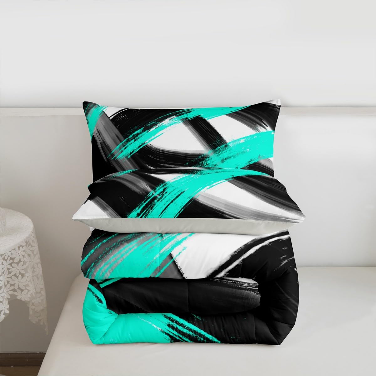 Black Teal Comforter Set Toddler Size Abstract Geometric Bedding Set for Boys Girls Modern Minimalist Duvet Quilt Room Decor Breathable Soft Microfiber All Season 2Pcs with 1 Pillow Case (Multi 45687 / Toddler)