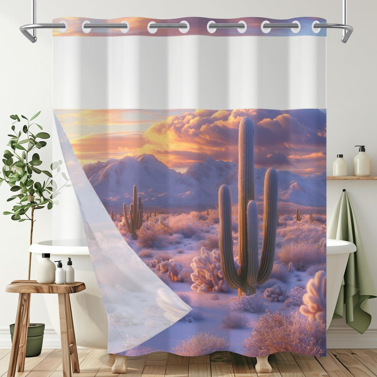No Hook Shower Curtain with Snap in Liner Set Cactus Desert Shower Curtains Purple Nature Landscape with Mountain and Plant Waterproof Fabric Washable Double Layers 71x74 Inch (Purple)