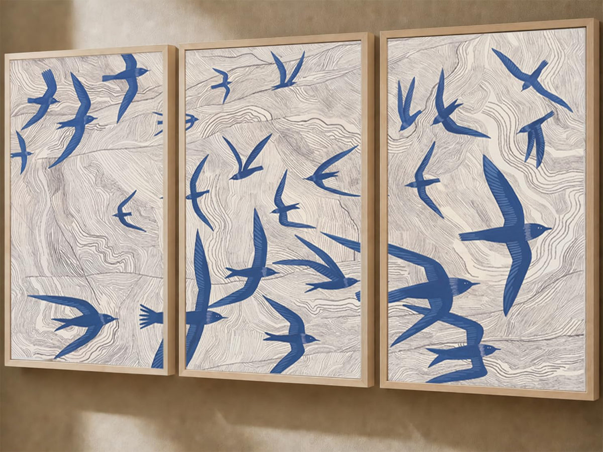 Abstract Blue Bird Wall Art Japandi Texture Flying Bird Canvas Print (Blue Swallows / 16 X 24 Inches)