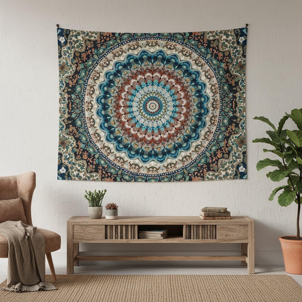 Boho Mandala Tapestry Wall Hanging Bohemian Medallion Tapestry Aesthetic Vintage Floral Hippie Indian Cool Small Tapestries for Bedroom Living Room Dorm Decor 48 x 36 Inch (Bohemian / Blue Beige / 48"L x 36"W)