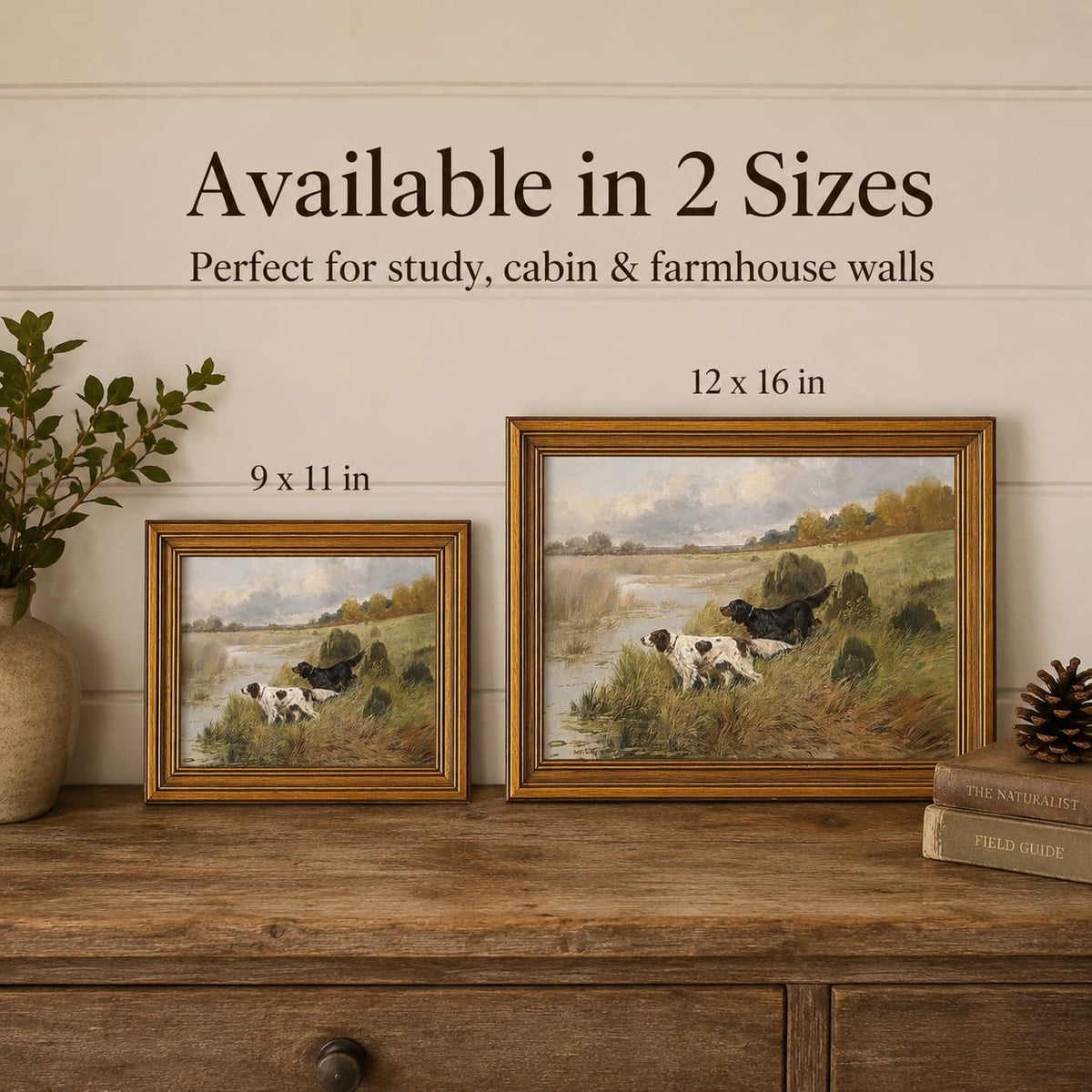 Vintage Golden Framed Canvas Wall Art Retro two Dog and River Painting Picture Wall Decor Antique Frame Victorian Landscape Poster Print Artwork for Living Room Bedroom Gallery Home Decoration (Dog / 11"L x 9"W)