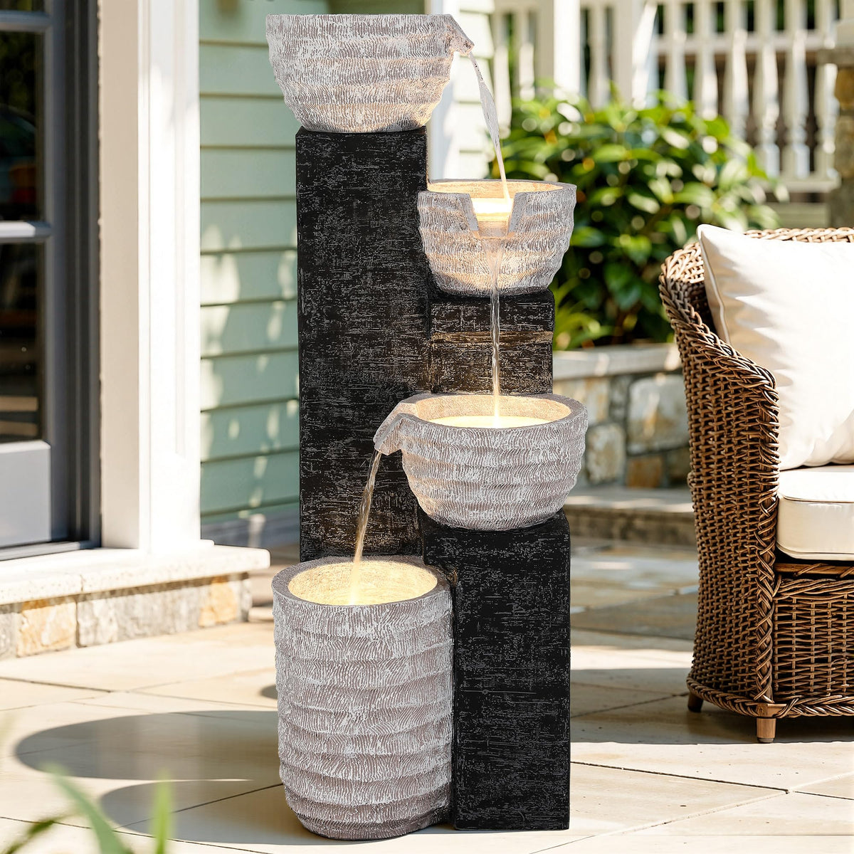 40" H Outdoor Water Fountain Upgraded Pump & Light Separate Control (Off-white Gray 39"h)