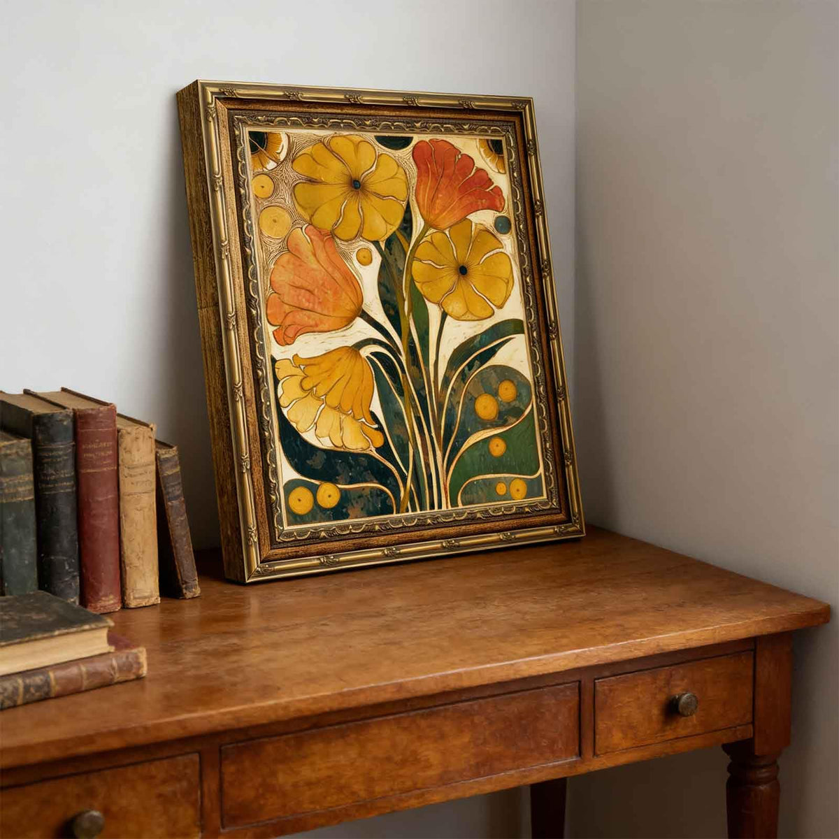 Abstract floral Canvas Wall Art Framed Boho Orange Flower Decor Picture Vintage Medieval Mustard Yellow Plant Bedroom Living Poster Prints for Dining Study Office Corridor Room Resort Home Decoration (flower / 16"L x 12"W)