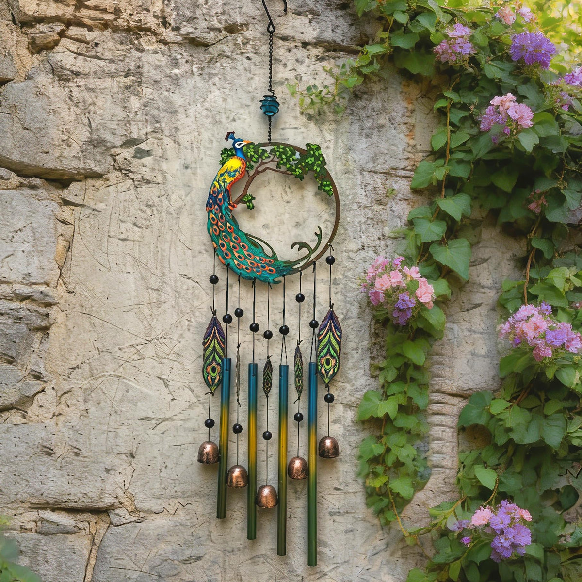 Peacock Dream Catchers Windchimes with Copper Bells 28" Peacock Wind Chimes for Zen Atmosphere Outdoor Garden Decor Unique Peacock Gift Home Decor (PEACOCK)