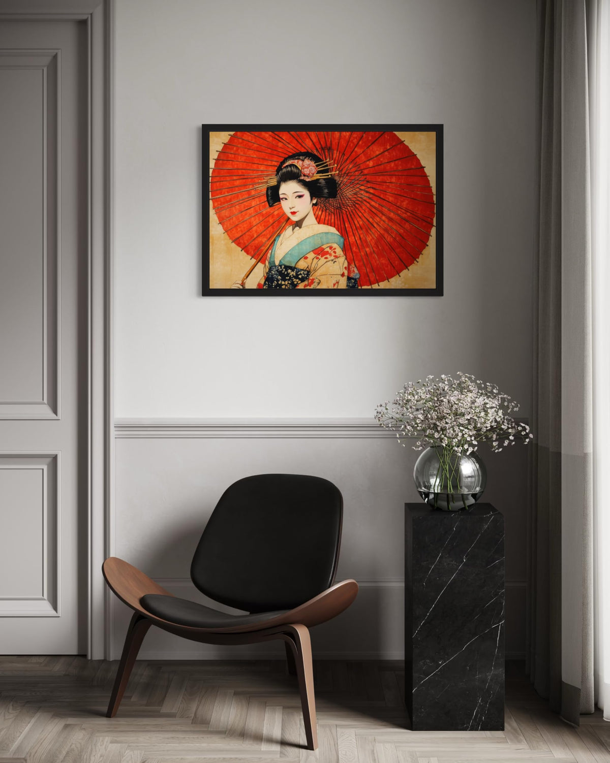 Red Geisha Black Framed Wall Art Print Poster (Red Geisha / 14"L x 11"W)