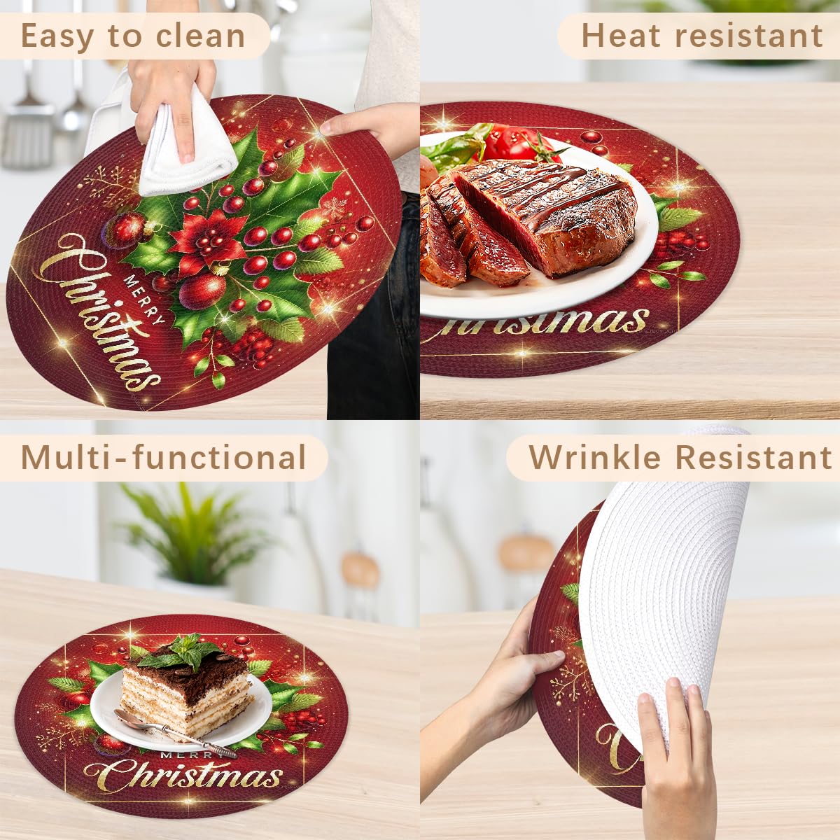 Christmas Woven Placemats Round Placemats Set of 6 for Festival Party (C 001 / 6 pieces)