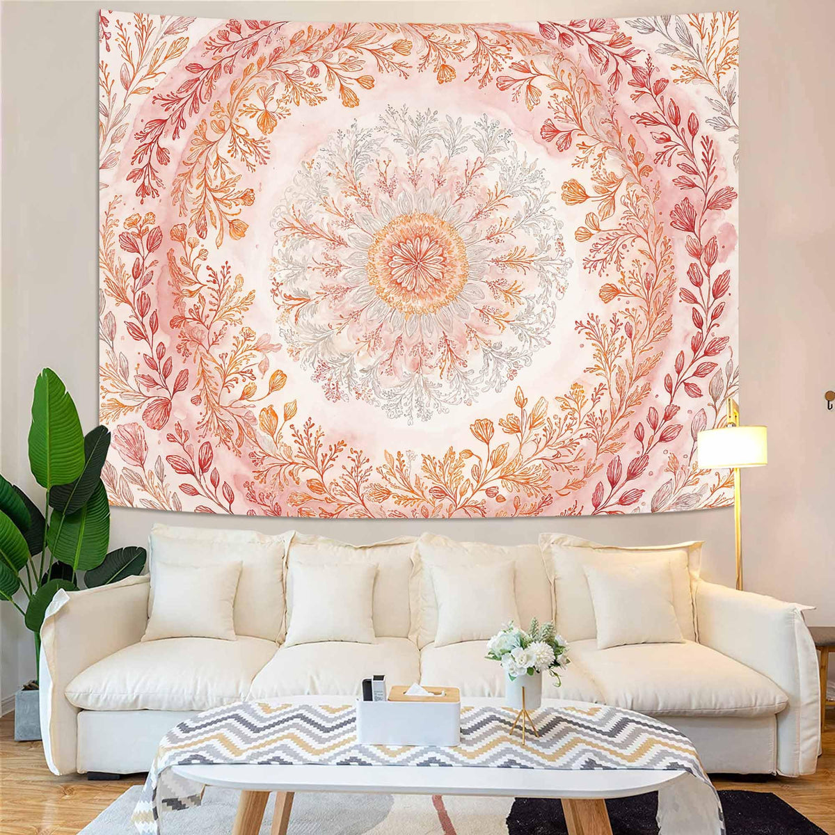 Watercolor Floral Mandala Tapestry (90"L x 70"W / Orange White)