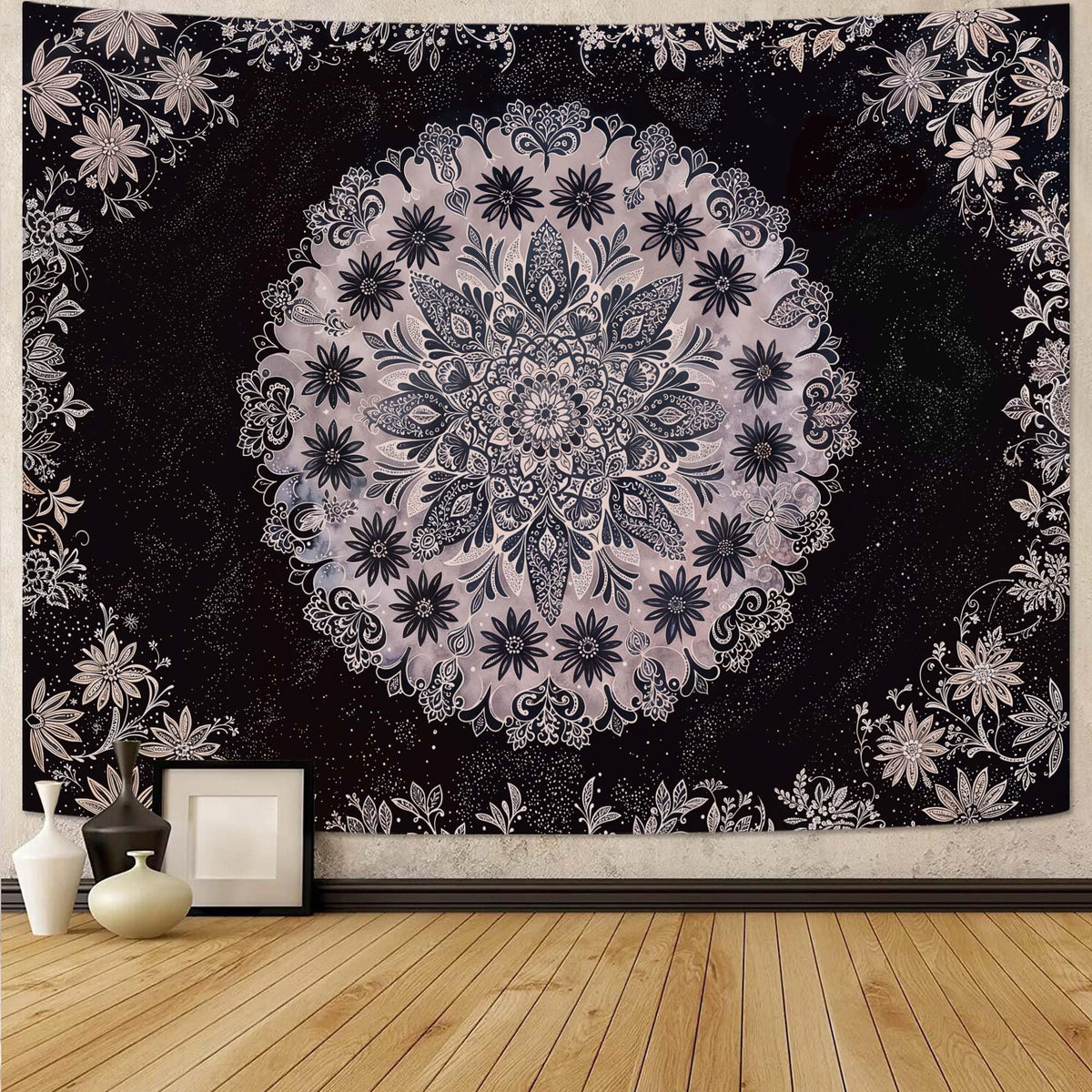 Boho Floral Mandala Tapestry Wall Hanging Grey Bohemian Flower Medallion Tapestry Aesthetic Gray Black Hippie Indian Small Tapestries for Bedroom Living Room Dorm Decor 80 x 60 Inch (Black Gray / 80"L x 60"W)