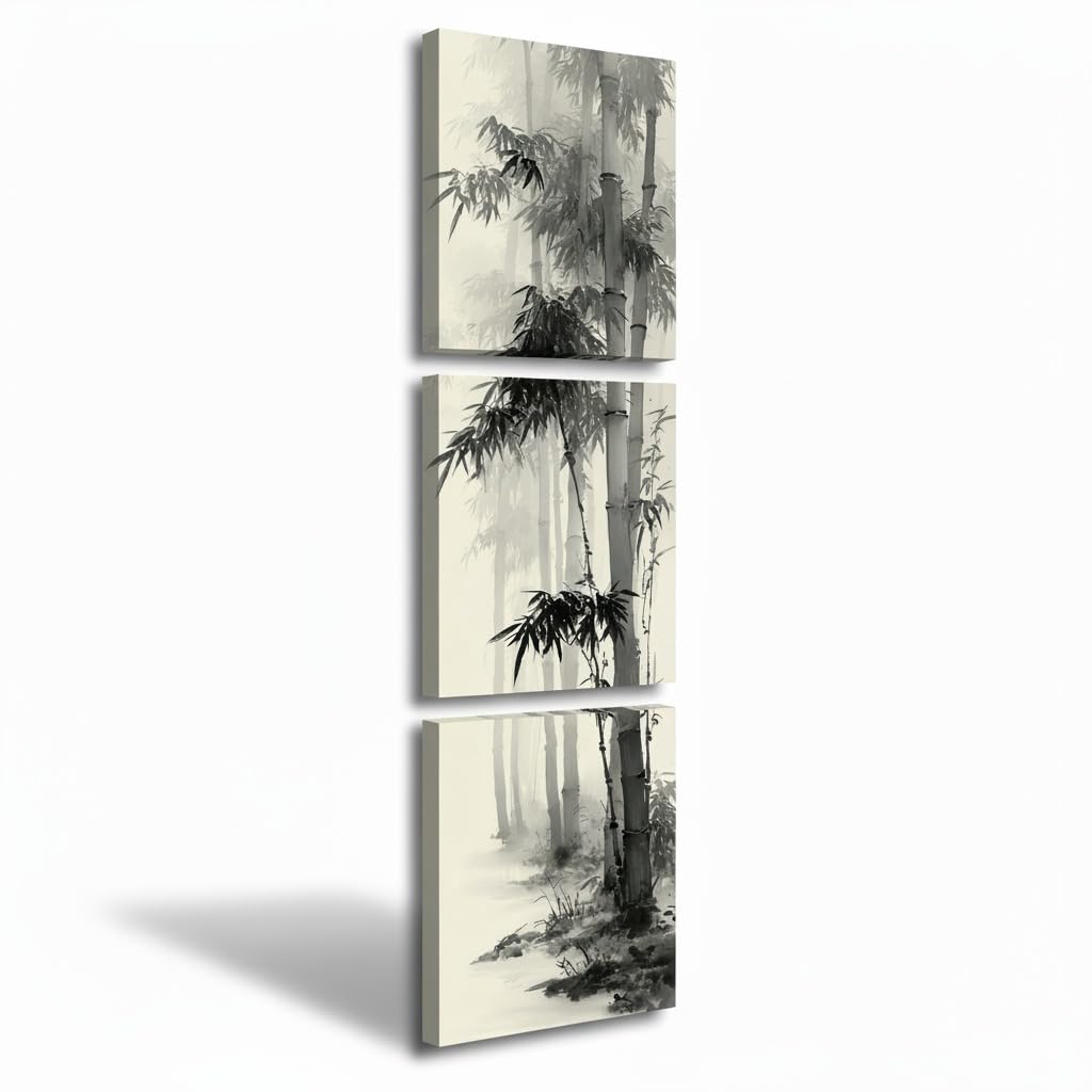 3PCS Vertical Black and White Bamboo Wall Art Asian Ink Painting Style Canvas Print Traditional Chinese Zen Minimalist Artwork Oriental Nature Forest Decor for Living Room Bedroom Meditation (Black and White Bamboo / 20x20 inches (3 pieces))