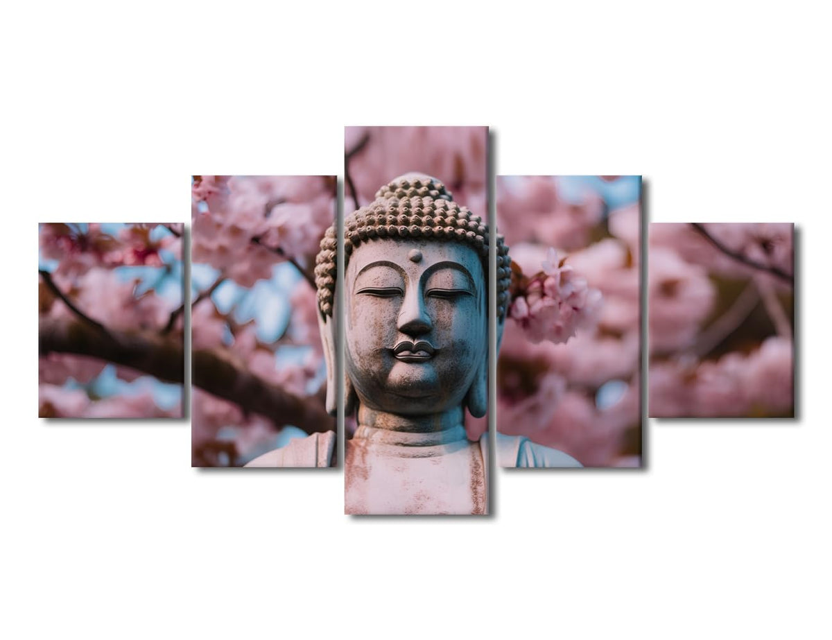 Buddha Canvas Wall Art Modern Living Room Decor Buddha Statue Cherry Blossom Poster Prints on Canvas 5 Panel Bedroom Wall Art for Office Wall Decoration Stretched and Framed Ready to Hang 60x32 in (60x32 in / 5PANEL-13)