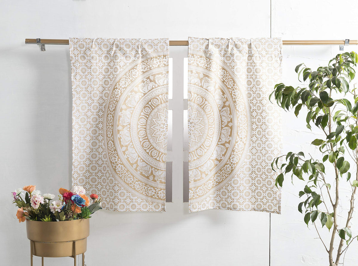 Indian Hippie Mandala Kitchen Window Curtains (18"W x 32"L (Pack of 2) / White and Gold)
