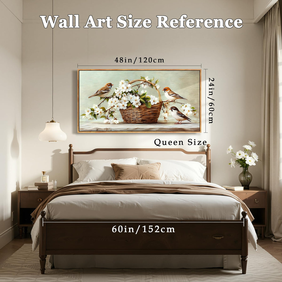 Vintage Still Life Large Framed Wall Art Spring Flower Birds Decor (Sparrows Flowers / 48"L x 24"W)
