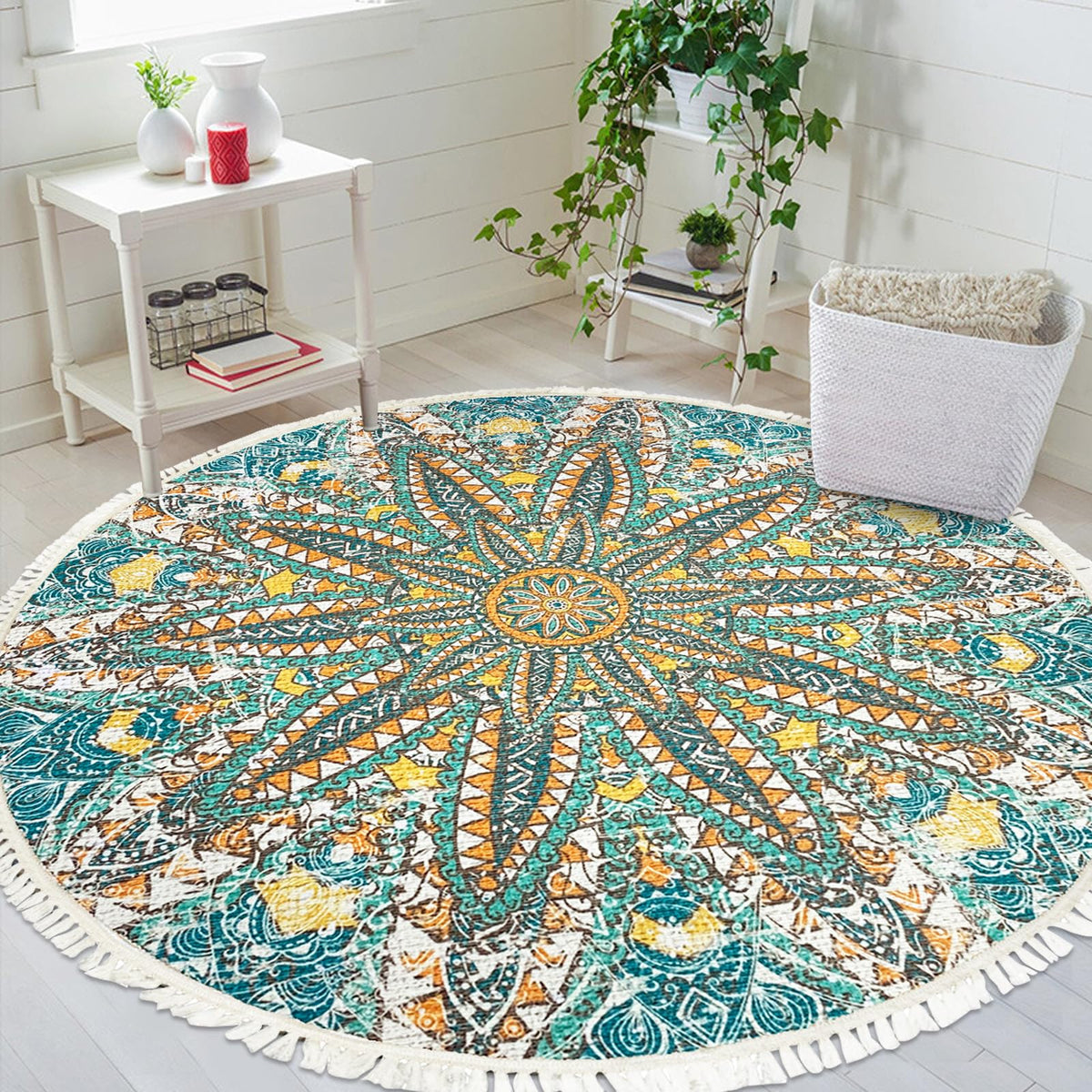 Boho Rustic Farmhouse Rug 4Ft Round Floral Bedroom Rug Nonslip Circle Flower Laundry Room Floor Carpet for Living Room Dining Room Bohemian Home Decor (Green / 4' (Round))