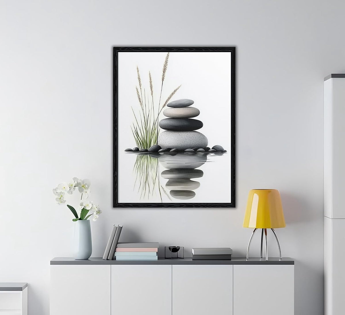 Beautiful Tranquil Zen Stacked Stones with Water Reflection Canvas Wall Art (Zen (Black Framed) / 24"L x 16"W)