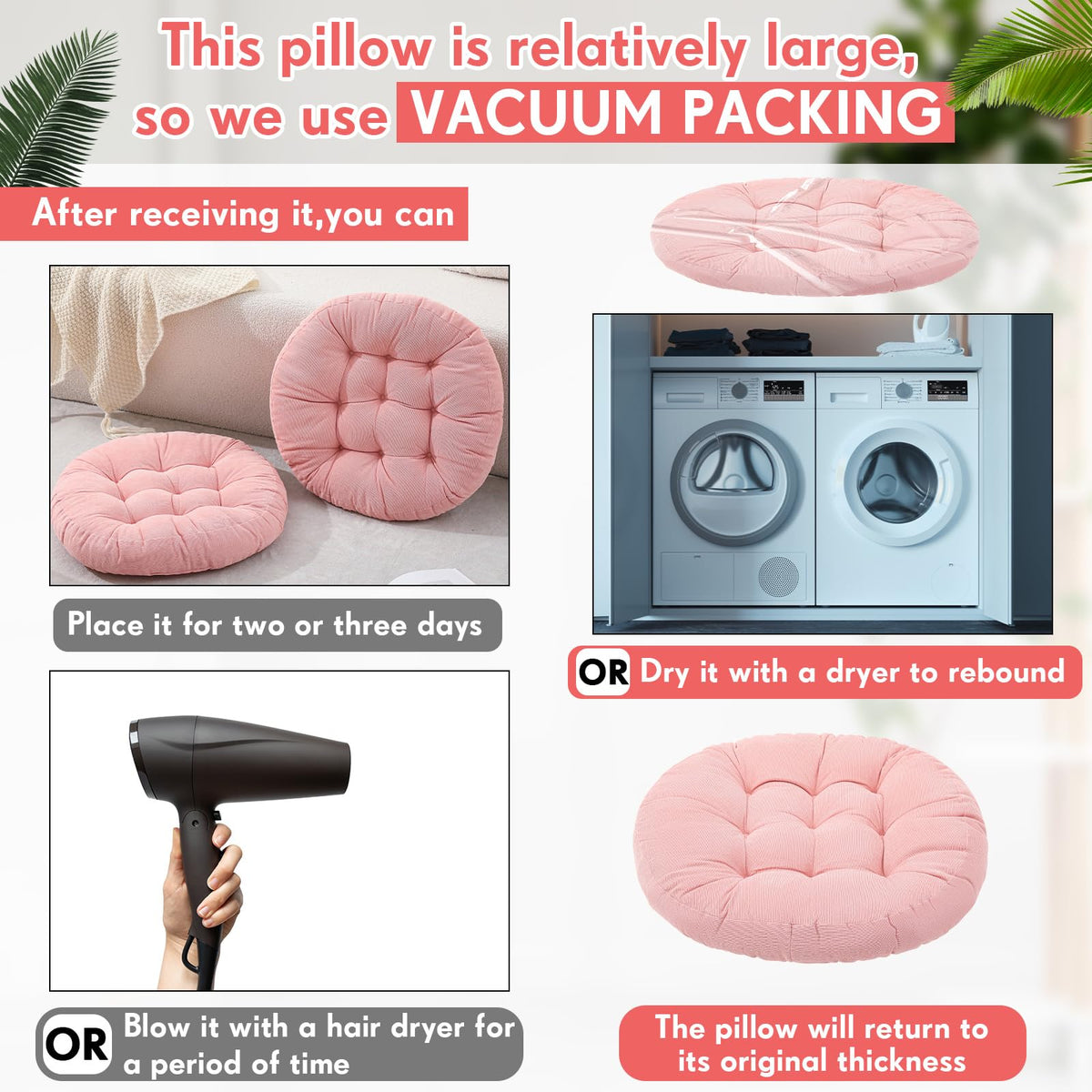4 Pcs Pink Large Floor Pillow Cushion (Round 22 x 22 / Pink)