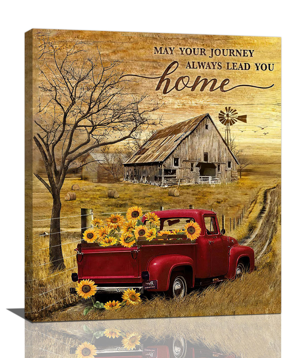 Farmhouse Red Truck Wall Art Rustic Truck Sunflower Pictures Decor Country Old Barn Windmill Painting Canvas Prints Home Framed Artwork Decoration for Kitchen Bathroom Bedroom Living Room 20"x24" (20L" x 24W" / Red Truck Sunflower)