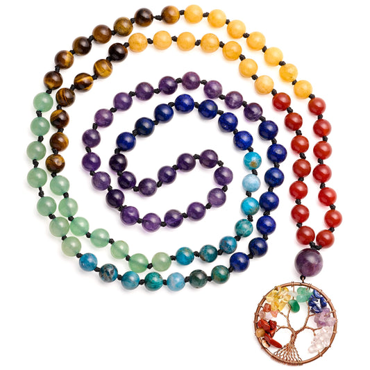 108 Mala Beads Necklace Life Tree Charm Real 7 Chakra Gemstone Long Beaded Necklace Prayer Yoga Meditation Hand Knotted Wrap Bracelet (8mm / 7 Chakras Stone)