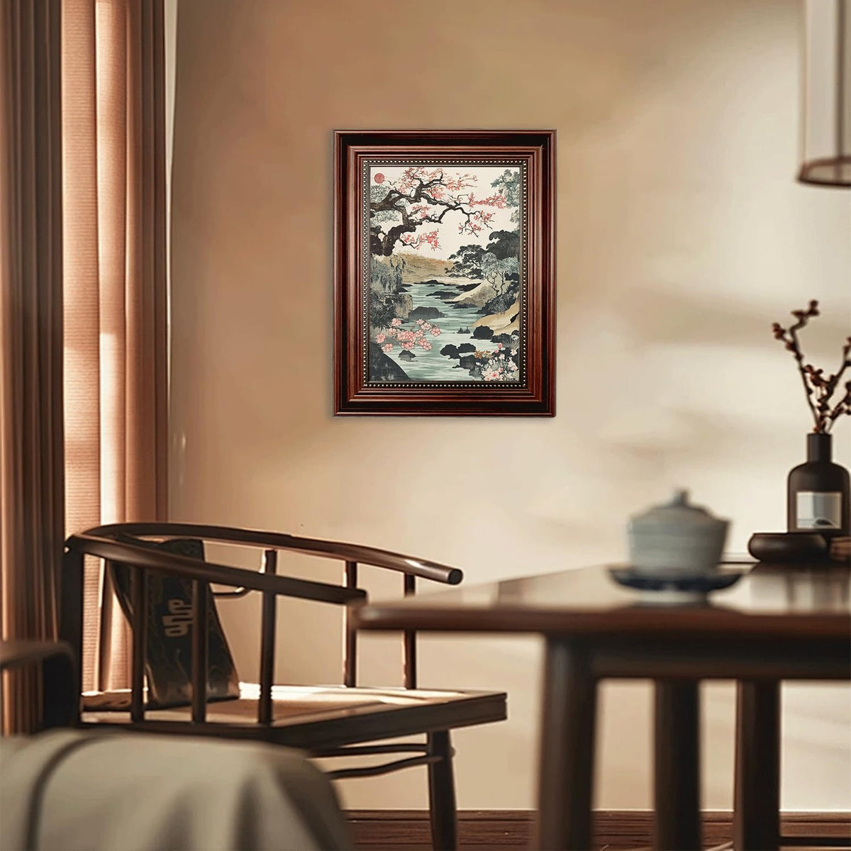 Dark Brown Framed Japanese Cherry Landscape ink painting 9x11 in (Cherry Blossom Landscape / 11"L x 9"W)