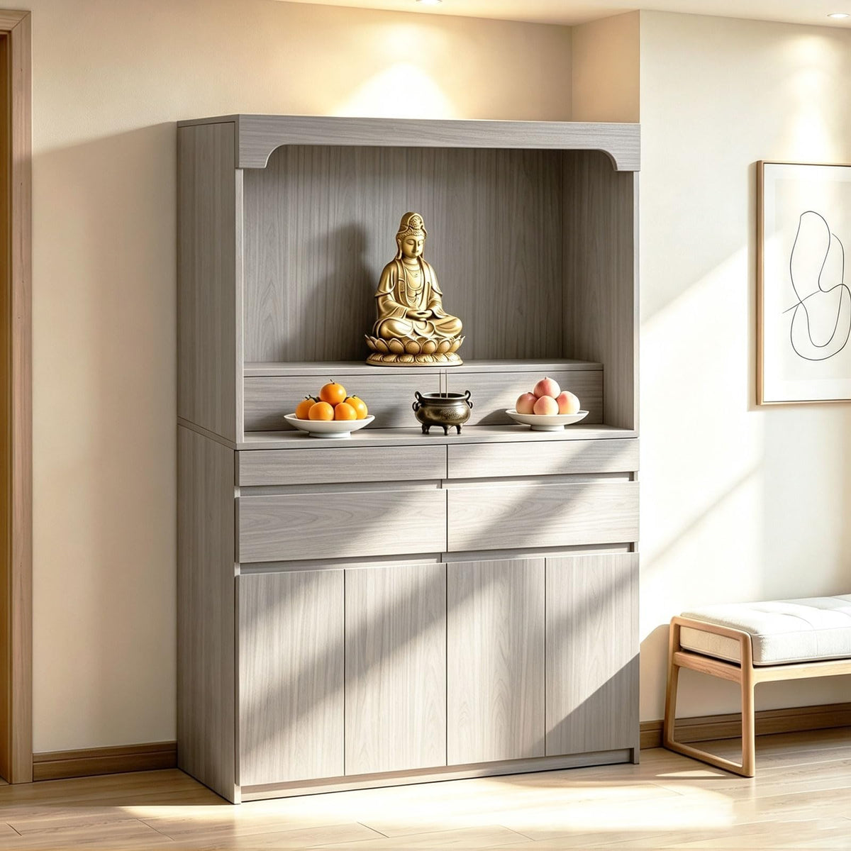 Altar Table Pooja Cabinet with Drawers and Storage Cabinets (39.4×15.7×65.4in / Light Gray Natural Wood)