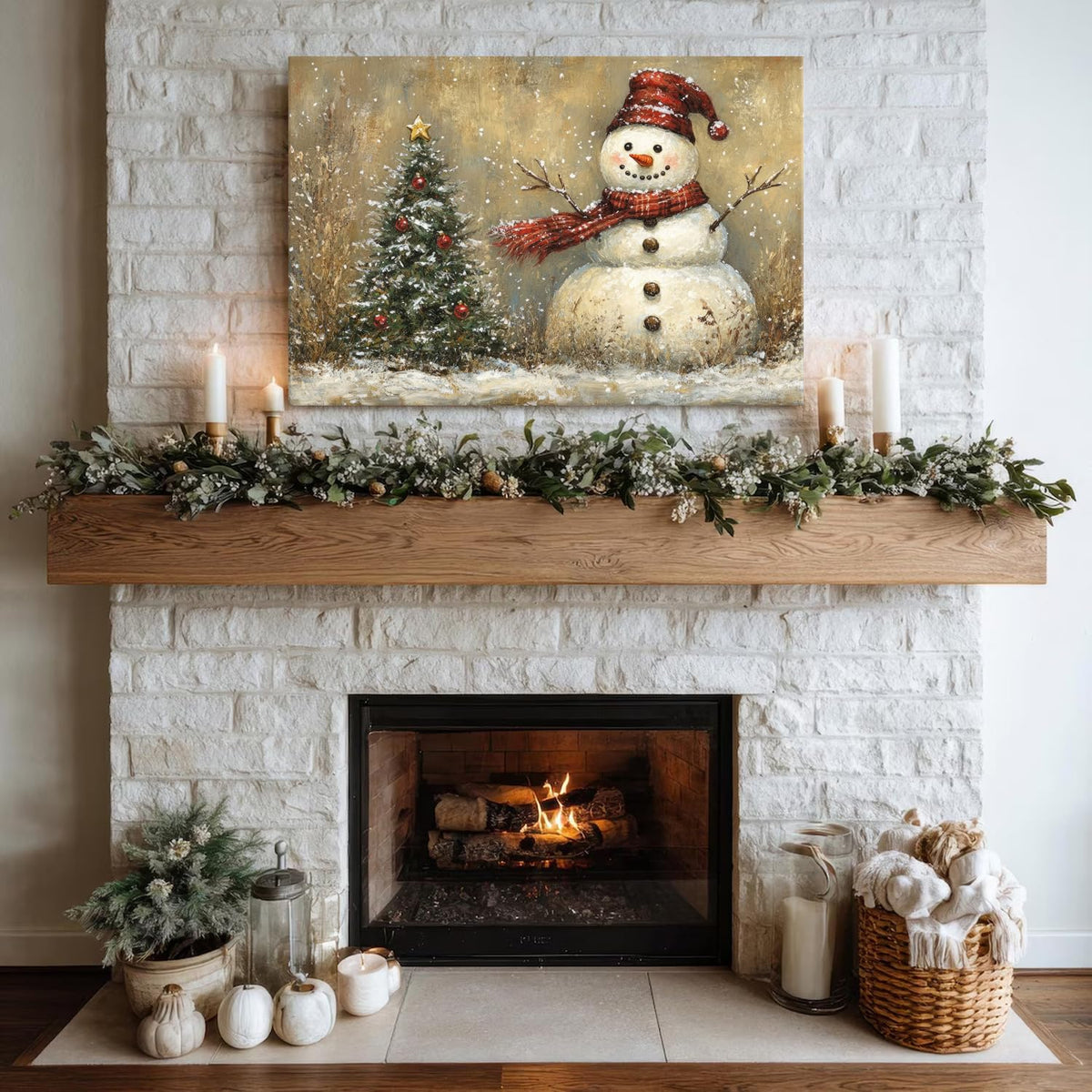 Vintage Christmas Wall Decor Christmas Tree Snowman Wall Art Pine Trees Botanical Snow Scene Winter Landscape Picture for Living Room Entryway Cabin Home Decoration Xmas Festival Holiday Artwork 20x30 (30"L x 20"W / Snowman Tree)
