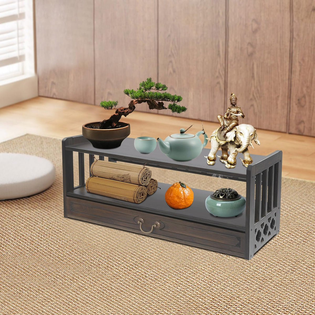 Storage Tables Altar Table with Drawer Meditation Table Bamboo Puja Tables Chinese Style Desk for Meditation (27.2*9.8*11in / Walnut Color)