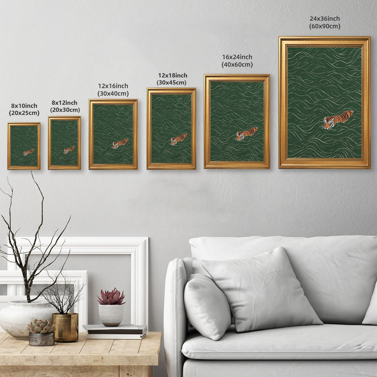 Framed Japanese Tiger Swimming Wall Art Ukiyo (12"L x 16"W / Style-3 Retro Gold Frame)