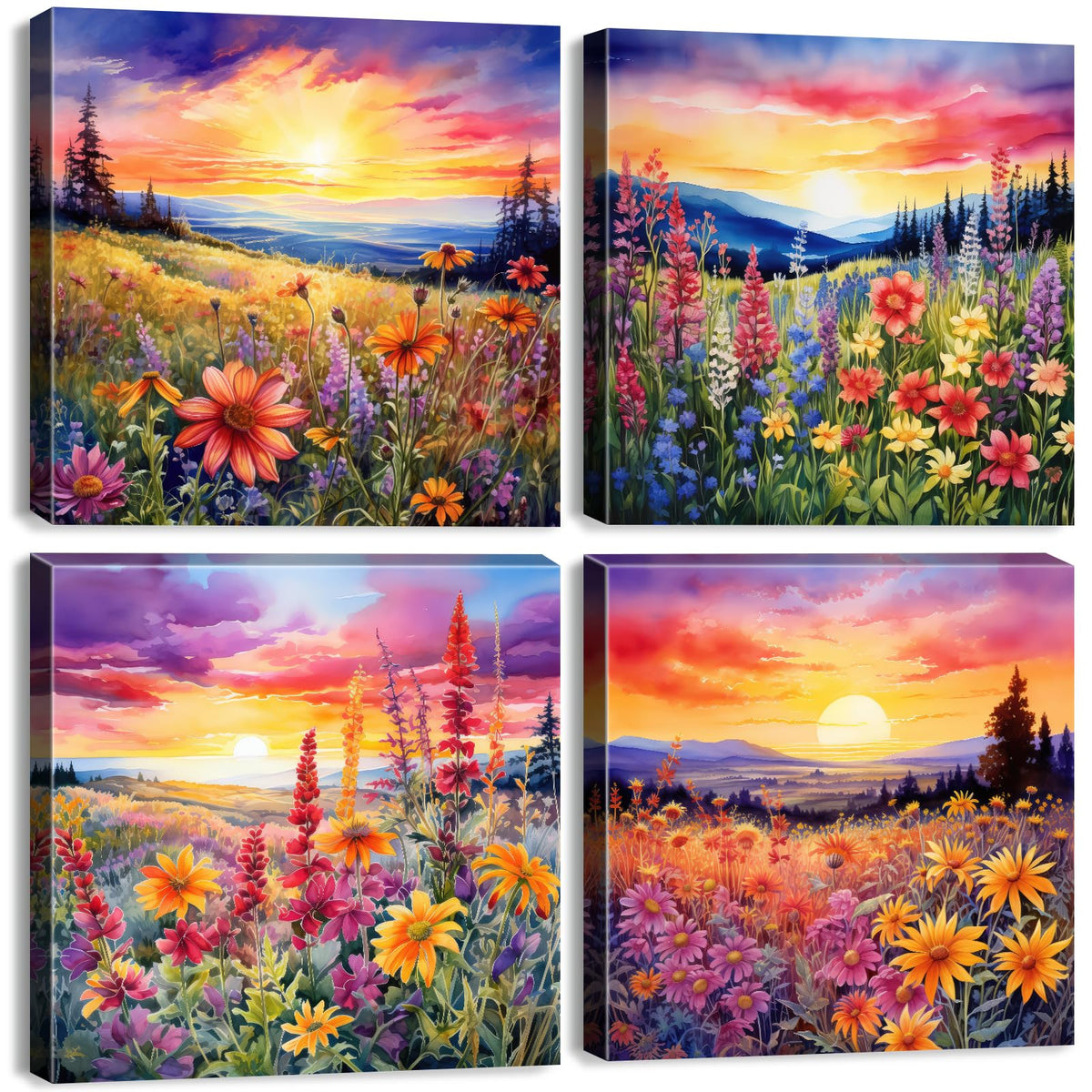 Wildflower Wall Art Burnt Orange Sunset Nature Pictures for Living Room Colorful Floral Landscape Painting Canvas Prints Bedroom Mountain Flowers Artwork Office Bathroom Home Decorations 12x12” 4P (12"L x 12"W / Wildflower)