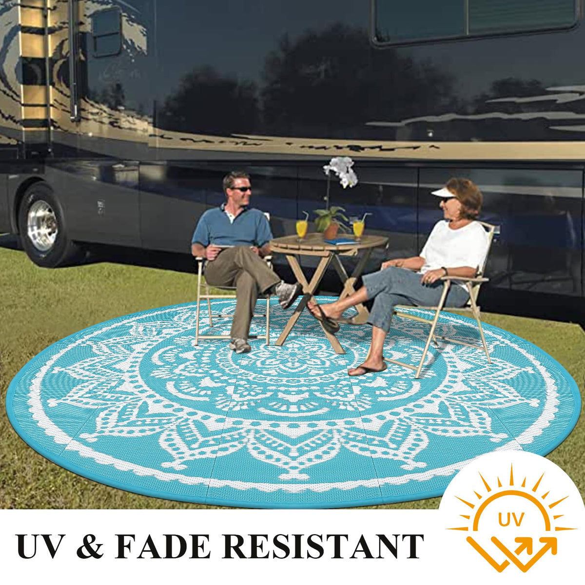 Waterproof Outdoor Rug 6ft Round Reversible Boho Plastic Straw Patio Deck Camping Rugs (Flower Teal / 6' (Round))