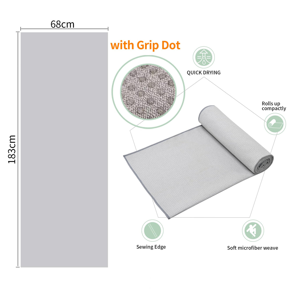 2 Pack Hot Yoga Towel with Grip Dot (Gray / 72.00" x 26.50")