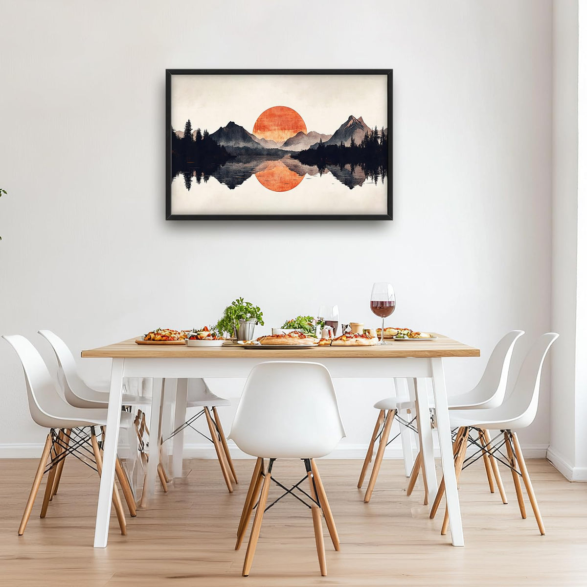 Large Forest Mountains Reflection Framed Wall Art for Living Room (36"L x 24"W / Watercolor Reflection)
