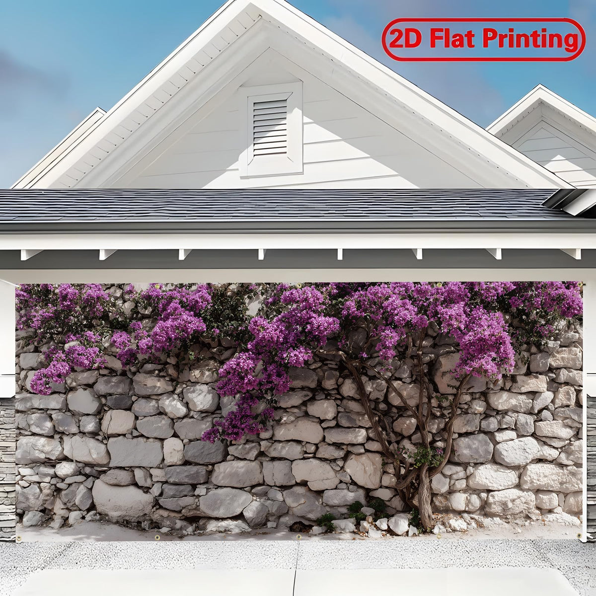 Garage Door Banner Cover 6x13 ft (Bougainvillea on a Stone Wall)
