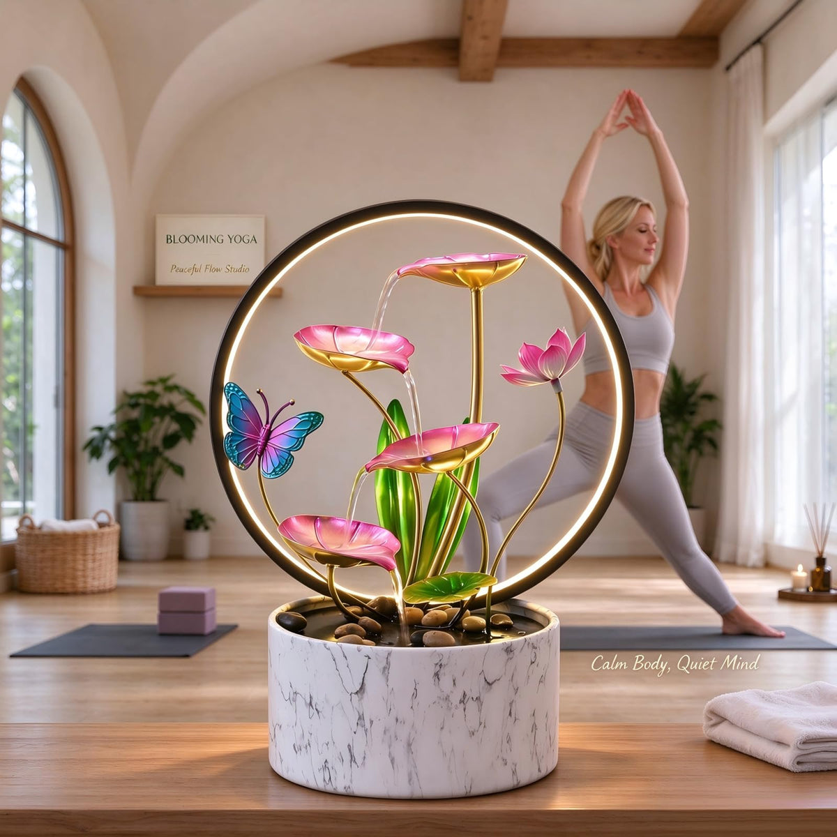 15 Inch H Tabletop Zen Water Fountain with LED Light (Pink Butterfly)