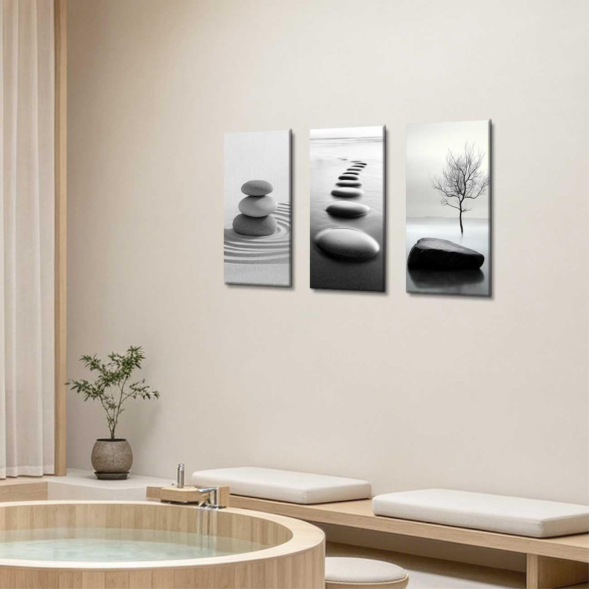 Set of 3 Black White Zen Bathroom Canvas Wall Art Prints Zen Stones in the Water Pictures White Lotus Poster Yoga Meditation Artwork Spa Room Decor (Beige / 24x12inx3 Pieces)